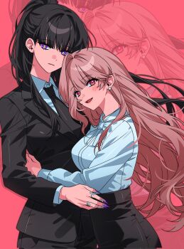 2girls aqua_bow aqua_bowtie aqua_shirt black_hair black_jacket black_necktie black_skirt blush bow bowtie breasts bright_pupils brown_hair character_request closed_mouth commentary_request copyright_request corrupted_twitter_file earrings fingernails formal_clothes hair_intakes high-waist_skirt highres hug jacket jewelry korean_commentary layered_sleeves long_fingernails long_hair long_sleeves looking_at_viewer looking_to_the_side multiple_girls necktie open_mouth pearl_earrings pink_background pink_eyes pitap4t ponytail purple_eyes purple_nails sharp_fingernails shirt shirt_tucked_in skirt smile suit suit_jacket turning_head wispy_bangs yellow_pupils yuri zoom_layer