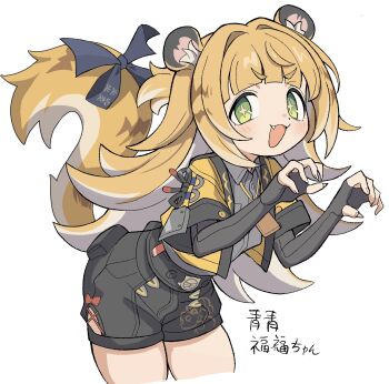 1girl animal_ear_fluff animal_ears black_hair bow claw_pose cowboy_shot elbow_gloves fang fingerless_gloves gloves green_eyes grey_shirt highres jacket ju_fufu ketsu_juuji_killer_(kejuki) long_hair looking_at_viewer orange_fur shirt smile striped_fur tail tail_bow tail_ornament tiger_ears tiger_girl tiger_stripes tiger_tail white_background yellow_jacket zenless_zone_zero