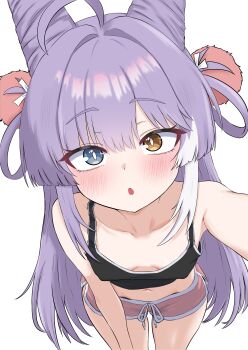 1girl :o absurdres ahoge black_tank_top blue_eyes blush breasts bright_pupils brown_eyes cone_hair_bun cowboy_shot crop_top dolphin_shorts double_bun downblouse foreshortening from_above hair_bun hair_intakes hair_ornament hair_rings heterochromia highres leaning_forward loli long_hair looking_at_viewer looking_up midriff multicolored_hair navel oldsickkim open_mouth pink_shorts pom_pom_(clothes) pom_pom_hair_ornament purple_hair reaching reaching_towards_viewer short_shorts shorts simple_background small_breasts solo standing stellive streaked_hair tank_top tenko_shibuki very_long_hair virtual_youtuber white_background white_pupils