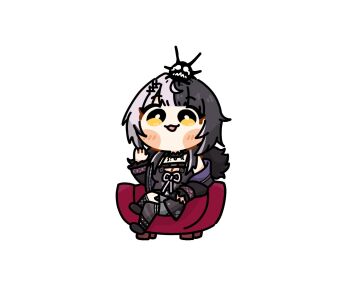 1girl alicemuyuki asymmetrical_legwear black_boots black_choker black_coat black_dress black_hair black_socks black_thighhighs blush_stickers boots bright_pupils chest_belt chibi chibi_only choker coat commentary crossed_legs dress fishnet_socks fishnets full_body fur-trimmed_coat fur_trim grey_hair highres hololive hololive_english kneehighs layered_dress medium_hair mismatched_legwear multicolored_hair open_mouth raised_eyebrows shiori_novella shiori_novella_(1st_costume) short_dress simple_background single_kneehigh single_sock single_thighhigh sitting sleeveless sleeveless_dress socks solo split-color_hair striped_clothes striped_thighhighs thighhighs uneven_legwear virtual_youtuber white_background white_pupils yellow_eyes yorick_(shiori_novella)