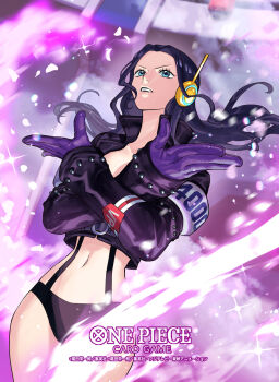 1girl bell black_hair black_jacket black_panties blue_eyes breasts chromatic_aberration cleavage commentary_request copyright_logo copyright_name copyright_notice cowbell cropped_jacket crossed_arms curtained_hair dynamic_pose floating_hair gloves hands_up headphones highres jacket lens_flare logo long_hair long_sleeves looking_up medium_breasts midriff navel nico_robin nose official_art one_piece one_piece_card_game open_hands open_mouth panties petals pink_petals purple_gloves sidelocks skindentation solo sparkle sunohara_(encount) suspenders teeth underwear upper_teeth_only v-shaped_eyebrows wide_hips