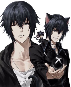 1boy animal_hands black_hair cat_boy chibi collarbone cross cross_necklace gloves grey_eyes hair_between_eyes highres jewelry looking_at_viewer male_focus multiple_views necklace one_eye_closed paw_gloves shirt short_hair shugo_chara! smile sso_s tsukiyomi_ikuto upper_body white_shirt