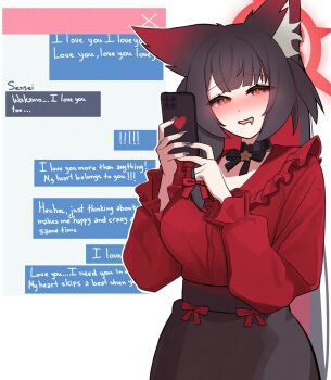 1girl animal_ear_fluff animal_ears black_bow black_bowtie black_hair black_skirt blue_archive blush bow bowtie breasts cellphone colored_inner_hair commentary english_commentary fox_ears fox_girl halo hands_up heart heart-shaped_pupils highres holding holding_phone jirai_kei large_breasts long_hair multicolored_hair open_mouth phone red_hair red_halo red_shirt shirt silenzuka simple_background skirt smartphone smile solo symbol-shaped_pupils two_side_up very_long_hair wakamo_(blue_archive) white_background yellow_eyes