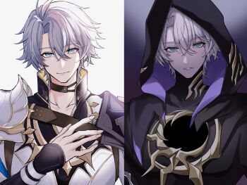 1boy antenna_hair armor black_choker black_cloak black_shirt blue_eyes choker cloak dark_persona dual_persona flame_reaver_of_the_deepest_dark hand_on_own_chest highres honkai:_star_rail honkai_(series) hood hood_up hooded_cloak hoshino_57 looking_at_viewer male_focus neck_tattoo parted_bangs parted_lips pauldrons phainon_(honkai:_star_rail) shirt short_hair shoulder_armor single_pauldron solo split_screen split_theme sun_symbol sun_tattoo tan tattoo upper_body white_hair