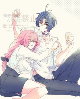 1boy 1girl antenna_hair arm_up artist_name asaba_harumasa bilingual_text black_bow black_hair black_pants black_skirt blush bow breasts choker closed_eyes closed_mouth collarbone commentary_request cup dotted_background drink drinking_glass drunk english_text feet_out_of_frame glasses hair_between_eyes hair_bow hair_intakes head_tilt hetero high-waist_skirt holding holding_drink hug large_breasts leg_up long_hair mixed-language_text open_mouth pants parted_bangs pencil_skirt pink_hair shirt short_hair sitting skirt sleeves_rolled_up squeans sweatdrop tsukishiro_yanagi twitter_username white_background white_shirt yamo_(sky2world) yellow_eyes zenless_zone_zero