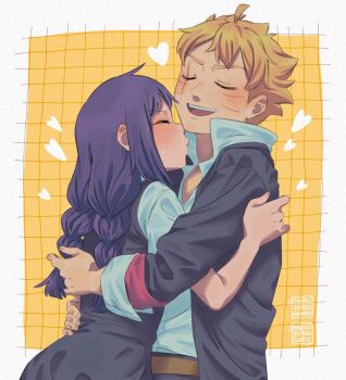 1boy 1girl ariamikukanzaki back black_jacket blonde_hair boruto:_two_blue_vortex braid commentary facial_mark film_grain heart hug jacket kakei_sumire kiss_day low_twin_braids naruto_(series) open_mouth puckered_lips purple_hair scar scar_across_eye scar_on_face shirt signature smile symbol-only_commentary twin_braids uzumaki_boruto whisker_markings white_shirt