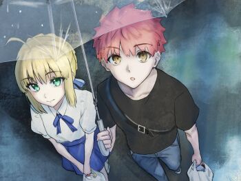 1boy 1girl artoria_pendragon_(fate) bag black_shirt blonde_hair brown_eyes casual commentary_request couple dress emiya_shirou fate/stay_night fate_(series) green_eyes highres holding holding_umbrella rain red_hair saber_(fate) shared_umbrella shiro_464646 shirt shopping_bag transparent umbrella