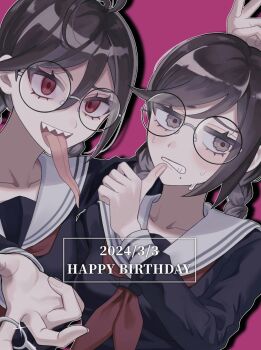 Rule 34 | 2girls, black shirt, braid, collarbone, collared shirt, commentary request, danganronpa: trigger happy havoc, danganronpa (series), dated, drop shadow, dual persona, eyelashes, fingernails, fukawa toko, genocider shou, glasses, glint, hair between eyes, happy birthday, highres, holding, holding scissors, long hair, long sleeves, long tongue, michi (michiisidayo), mole, mole under mouth, multiple girls, neckerchief, nervous sweating, pink background, purple eyes, purple hair, red eyes, red neckerchief, round eyewear, sailor collar, scissors, sharp teeth, shirt, simple background, smile, sweat, teeth, tongue, tongue out, twin braids, twintails, upper teeth only, wavy eyes, white sailor collar