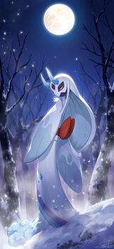 Rule 34 | bare tree, blue eyes, colored sclera, commentary request, froslass, gen 4 pokemon, highres, horns, kemonomichi (blue black), mega froslass, mega pokemon, moon, night, nintendo, outdoors, pokemon, pokemon (creature), pokemon focus, sky, snow, solo, tree, yellow sclera