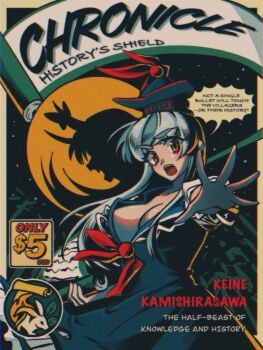 Rule 34 | 1girl, blue dress, blue hair, breasts, cleavage, commentary, dress, dual persona, english text, ex-keine, full moon, highres, kamishirasawa keine, large breasts, long hair, looking at viewer, mememedama10, moon, multicolored hair, night, open mouth, outdoors, poster (medium), rabbit, red eyes, scroll, short sleeves, solo, speech bubble, teeth, touhou, two-tone hair, upper teeth only, white hair