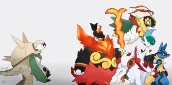 arm_blade bird black_fur blank_eyes blue_fur boar body_fur cape chesnaught claws colored_skin dot_pupils emboar feather-trimmed_capelet fire flaming_weapon gallade gen_4_pokemon gen_5_pokemon gen_6_pokemon gold_mask green_hair hawlucha hidane_(natsume_hdn) highres holding holding_staff lizard lucario luchador luchador_mask mask mega_emboar mega_gallade mega_hawlucha mega_lucario mega_pokemon mega_scrafty mohawk multicolored_fur nintendo nostrils orange_fur orange_skin pants pokemon pokemon_(creature) red_eyes red_fur red_hair sagging_pants scrafty shedding shedding_skin spiked_shell spikes staff tail torn_clothes torn_hood torn_pants tusks v-shaped_eyes weapon white_cape white_fur white_hood white_pants white_skin wing_cape yellow_claws yellow_fur