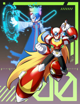 Rule 34 | 2boys, android, armor, blonde hair, blue armor, blue eyes, blue helmet, blue robe, chest jewel, clenched hands, closed mouth, cyber elf x (mega man), dashing, energy sword, forehead jewel, full body, gradient background, halo, helmet, highres, holding, holding behind back, holding sword, holding sword behind back, holding weapon, holding weapon behind back, jewelry, long hair, male focus, mechanical wings, mega man (series), mega man x (series), mega man zero (series), multicolored halo, multiple boys, no-rishio, ponytail, rainbow halo, red armor, red helmet, robe, shoulder armor, signature, smile, sword, very long hair, weapon, wings, x (mega man), z saber, zero (mega man)