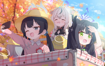 6+girls animal_ear_fluff animal_ears autumn black_dress black_ribbon blonde_hair blue_archive blue_halo blue_sky blurry blush bow chinese_clothes closed_eyes clothing_cutout cloud commentary depth_of_field dress falling_leaves floral_print from_behind from_side green_bow green_eyes grey_hair grey_halo hair_bobbles hair_ornament hair_ribbon halo hand_on_own_forehead hat highres kindergarten_uniform kisaki_(blue_archive) kisaki_(kindergarten_uniform)_(blue_archive) kokona_(blue_archive) leaf long_hair long_sleeves looking_ahead low_twintails maple_leaf maple_tree mikumiku37 multicolored_hair multiple_girls name_tag one_eye_closed open_mouth outdoors outstretched_hand pink_hair pink_shirt ribbon school_hat selfie shirt short_sleeves shun_(blue_archive) shun_(small)_(blue_archive) sidelocks sky sleeveless sleeveless_dress smile smock streaked_hair striped_clothes sweat tree trembling twintails v-shaped_eyebrows vertical-striped_clothes w