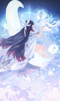 Rule 34 | 1girl, absurdres, black hair, blue flower, blunt bangs, closed eyes, colored inner hair, columbina (genshin impact), commentary request, dress, feathered wings, flower, genshin impact, hair ribbon, head wings, highres, long hair, long sidelocks, luonnotar (genshin impact), miaooon, multicolored hair, multiple wings, pink hair, ribbon, sidelocks, sitting, very long hair, white dress, white mask, white ribbon, white wings, wings, wrist ribbon