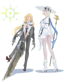 &gt;_&lt; 2girls :&lt; absurdres armband artistic_error ass bad_id bad_pixiv_id black_armband black_horns black_jacket black_pants black_shoes blonde_hair blue_sash boots breasts closed_eyes closed_mouth collared_shirt commentary_request cosplay costume_switch curled_horns greatsword grey_hair hair_ornament hat heavy high-waist_pants high_heel_boots high_heels highres holding holding_staff holding_sword holding_weapon horns jacket jacket_on_shoulders large_breasts long_hair long_sleeves looking_at_another multiple_girls necktie pants pantyhose phoebe_(wuthering_waves) red_necktie sash shirt shirt_tucked_in shoes simple_background skirt staff standing sword weapon white_background white_boots white_hat white_pantyhose white_shirt white_skirt world_(1257843324) wuthering_waves x_hair_ornament zani_(wuthering_waves)