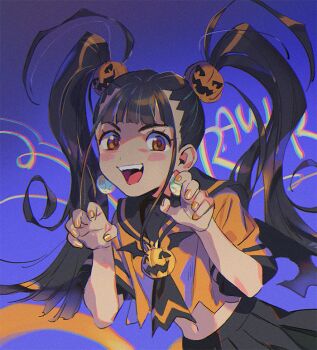 1girl achika_(overlord_jc) black_hair black_sailor_collar black_skirt blunt_bangs borrowed_character claw_pose earrings fangs fingernails hair_bobbles hair_ornament halloween_costume hands_up jack-o'-lantern jack-o'-lantern_hair_ornament jewelry juby long_hair loose_hair_strand nail_polish open_mouth orange_eyes orange_nails orange_serafuku original pleated_skirt purple_background sailor_collar school_uniform serafuku skirt smile solo sphere_earrings teeth twintails upper_body upper_teeth_only