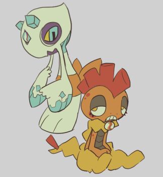 1other blue_eyes colored_sclera colored_skin eye_contact flat_color floating froslass full_body gen_4_pokemon gen_5_pokemon grey_background grey_skin half-closed_eyes looking_at_another looking_back mega_stone multicolored_skin nintendo orange_skin pokemon pokemon_(creature) profile scrafty shiirafish simple_background sitting teeth two-tone_skin yellow_eyes yellow_sclera