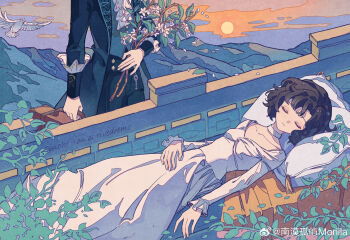 2girls absurdres alternate_costume ascot bird black_coat black_hair black_pants branch choker closed_eyes closed_mouth coat dress flower head_out_of_frame highres holding holding_branch holding_suitcase lying moriila mountain multiple_girls on_bed orange_sky pants pillow plant reverse:1999 schneider_(reverse:1999) short_hair sky standing suitcase sun vertin_(reverse:1999) watermark weibo_watermark white_ascot white_bird white_choker white_dress white_flower