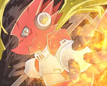 Rule 34 | blue eyes, commentary request, cowboy shot, digimon, digimon (creature), dragon, fire, highres, scarf, shoutmon king ver., solo, ya yay, yellow scarf