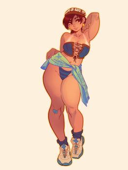 1girl arm_up armpits aubrey_(neal_d._anderson) bandaid bandaid_on_leg bare_shoulders body_freckles breasts cleavage dark-skinned_female dark_skin earrings freckles full_body highres jewelry medium_breasts mole mole_above_mouth neal_d._anderson original pirate shoes sneakers solo stud_earrings tan tanline