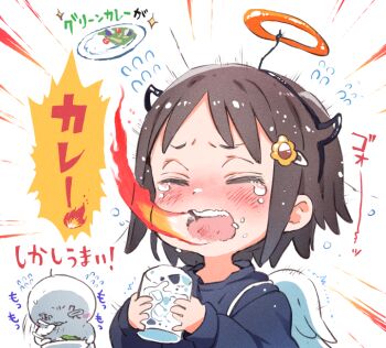 1boy 1girl artist_self-insert breath_weapon breathing_fire brown_hair closed_eyes crying curry curry_rice eating fake_halo fake_horns fake_wings fire food gomennasai halo horns original rice short_hair translated water white_background wings zangyaku-san