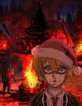 2boys armor black_coat blonde_hair burning christmas_tree coat collared_shirt commentary fire full_armor hammer hat highres holding holding_hammer holding_torch lcb_uniform_(project_moon) limbus_company multiple_boys necktie ngrider project_moon red_necktie santa_hat shaded_face shirt short_hair sinclair_(project_moon) thousand_yard_stare torch white_shirt