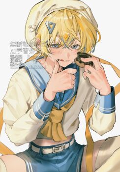 1boy blonde_hair blue_eyes blue_sailor_collar blue_shorts blush closed_mouth commentary crossed_bangs donut double-parted_bangs eating food food_on_face hair_between_eyes hair_ornament highres holding holding_donut holding_food long_sleeves looking_at_viewer male_focus midriff neckerchief original sahi00000 sailor_collar shirt short_hair shorts simple_background sitting smile solo symbol-only_commentary tongue tongue_out triangle_hair_ornament watermark white_background white_shirt yellow_neckerchief