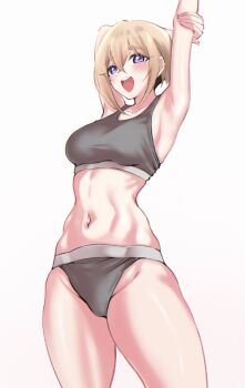Rule 34 | 1girl, armpits, arms up, blonde hair, blush, cowboy shot, doublemengu, female focus, grey panties, grey sports bra, hand on own arm, hashtag-only commentary, highres, kimi no koto ga dai dai dai dai daisuki na 100-nin no kanojo, midriff, navel, open mouth, panties, purple eyes, short hair, simple background, smile, solo, sports bra, standing, stomach, stretching, sutou iku, teeth, underwear, underwear only, upper teeth only, white background