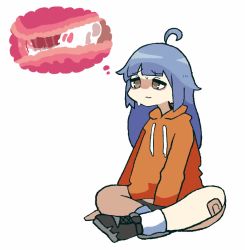 1girl ahoge animated bandaid bandaid_on_knee bandaid_on_leg blue_hair cross-section cum cum_in_pussy dot_harai drawstring female_masturbation highres hood hood_down hoodie imagining looping_animation masturbation orange_hoodie original penis simple_background sitting sweat tagme video white_background