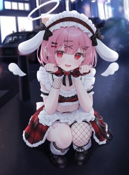 1girl :d amatsuka_eru animal_ear_hairband animal_ears apron armlet black_ribbon black_shoes blurry blurry_background brooch crop_top detached_wings fake_animal_ears fingerless_gloves fishnet_gloves fishnets frilled_skirt frills full_body gloves hair_ornament hairband hairclip halo heart heart_brooch highres indie_virtual_youtuber jewelry leg_warmers looking_at_viewer midriff miniskirt navel night open_mouth outdoors pink_hair plaid_clothes plaid_skirt rabbit_ear_hairband rabbit_ears red_eyes red_skirt ribbon second-party_source shano_hiyori shoes short_hair single_fishnet_legwear skirt smile solo squatting virtual_youtuber waist_apron white_hairband wings