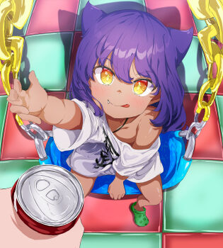 1girl 1other 5s0n9 :q absurdres arm_up blush breasts can closed_mouth clothes_writing commentary crocs dark-skinned_female dark_skin diamond-shaped_pupils diamond_(shape) fang from_above green_footwear highres holding holding_can jahy jahy-sama_wa_kujikenai! long_hair looking_at_viewer naked_shirt on_swing outstretched_arm purple_hair shirt short_sleeves single_bare_shoulder single_off_shoulder sitting small_breasts smile solo_focus swing symbol-shaped_pupils tongue tongue_out white_shirt yellow_eyes