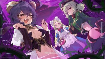 3girls absurdres aiza-ku apron araga_kiwi bat_brooch black_eyes black_panties blue_dress blush boots breasts brooch coat corset cross cross_facial_mark cross_tattoo dress facial_mark fold-over_gloves forehead_mark forehead_tattoo forward-facing_horns gloves green_boots green_gloves green_hat green_jacket hat highres hiiragi_utena holding holding_riding_crop horns jacket jewelry large_breasts large_ribbon leoparde_(mahou_shoujo_ni_akogarete) looking_at_viewer lowleg lowleg_pants magia_baiser mahou_shoujo_ni_akogarete military_coat military_hat military_jacket mole mole_under_eye morino_korisu multiple_girls navel nero_alice open_mouth panties pants pasties purple_corset red_eyes revealing_clothes riding_crop smile star_(symbol) star_pasties star_tattoo symbol-shaped_pupils tattoo underwear very_long_sleeves viewfinder white_apron yellow_eyes yellow_horns