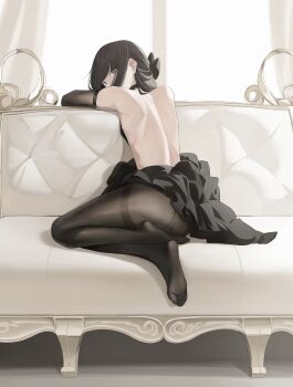 1boy absurdres arm_support back backless_dress backless_outfit bare_shoulders black_choker black_dress black_hair black_pantyhose blunt_bangs bow choker commentary_request couch crossdressing crossdressing_(mtf) detached_sleeves dress feet frilled_dress frills from_behind hair_bow hanamaru_sensei highres indoors legs long_hair looking_at_viewer looking_back male_focus no_shoes on_couch original pantyhose sitting sitting_backwards solo trap yokozuwari