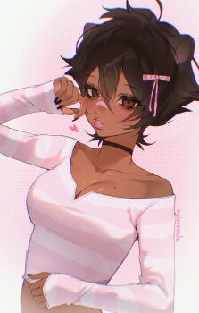 1girl aegyo_sal animal_ears artist_name bandaid bandaid_on_face bandaid_on_nose bear_ears bear_girl black_choker black_nails breasts brown_eyes brown_hair choker chromatic_aberration cleavage collarbone commentary cropped_shirt curled_fingers dark-skinned_female dark_skin double-parted_bangs english_commentary eyelashes face_piercing film_grain fingernails freckles hair_between_eyes hair_ribbon halftone hand_on_own_cheek hand_on_own_face hand_on_own_stomach heart highres labret_piercing long_fingernails looking_at_viewer medium_breasts noisykoala original parted_lips piercing pink_ribbon pink_shirt pink_theme pixie_cut ribbon rika_(noisykoala) shirt single_bare_shoulder sketch sleeves_past_wrists striped_clothes striped_shirt teeth thick_lips two-tone_background upper_body white_background