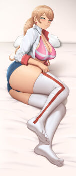 1girl :3 absurdres ass blonde_hair blue_shorts blush breasts cleavage closed_mouth collarbone commentary denim denim_shorts earrings english_commentary full_body green_eyes gundam gundam_tekketsu_no_orphans heart heart-shaped_pupils heart_earrings highres jacket jewelry lafter_frankland lafxia large_breasts long_hair long_sleeves looking_at_viewer lying midriff on_bed on_side open_clothes open_jacket paid_reward_available pillow pink_sports_bra shadow short_shorts shorts sidelocks skindentation smile solo sports_bra sweat symbol-shaped_pupils thighhighs twintails variant_set white_jacket white_thighhighs