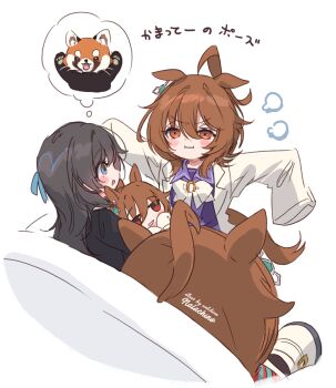 2girls :i agnes_tachyon's_trainer agnes_tachyon_(umamusume) ahoge animal_ears artist_name black_hair blue_eyes bow bowtie brown_hair character_doll coat commentary_request doll female_trainer_(umamusume) horse_ears horse_girl horse_tail huge_ahoge lab_coat long_hair long_sleeves medium_hair multiple_girls outstretched_arms pout purple_shirt red_eyes red_panda school_uniform shirt signature speech_bubble spread_arms tail thighhighs thought_bubble tracen_school_uniform trainer_(umamusume) umamusume umamusume:_beginning_of_a_new_era welchino white_bow white_bowtie white_coat