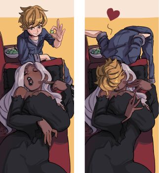 absurdres age_difference black_lips dark-skinned_female dark_skin grey_hair hetero highres interracial kiss lady_magnolia_(trickstaboy) onee-shota original roy_(trickstaboy) shorter_male shota taller_female