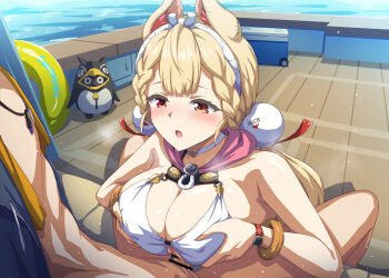 1boy 1girl alice_thymefield alice_thymefield_(sea_of_thyme) animal_ears bangboo_(zenless_zone_zero) bare_shoulders bikini blonde_hair blush breasts breasts_squeezed_together cleavage hair_ornament hetero heterochromia large_breasts long_hair low_twintails marugoshi_(54burger) open_mouth orange_eyes paizuri penguinboo_(zenless_zone_zero) rabbit_ears rabbit_girl red_eyes sphere_hair_ornament swimsuit twintails white_bikini wise_(peaceful_waves)_(zenless_zone_zero) wise_(zenless_zone_zero) zenless_zone_zero