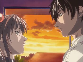 00s 1boy 1girl 2003 animated animated_gif bible_black bible_black_night_of_the_walpulgiss blush brown_hair closed_eyes green_eyes hair_ornament hand_on_chin imari_kurumi kiss minase_taki ponytail pushing shirt side_ponytail smile sunset tagme