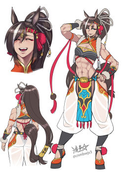 1girl 2026 abs animal_ears ass baggy_pants blue_eyes breasts brown_hair chinese_zodiac clothing_cutout commentary_request crop_top hair_tubes hand_on_own_hip happy_new_year highres hip_vent hoof_shoes horse_ears horse_girl horse_tail laughing long_hair midriff multicolored_hair muscular muscular_female navel new_year original pants pelvic_curtain ponytail reference_sheet ryuusei_(mark_ii) see-through_clothes small_breasts solo streaked_hair tail very_long_hair white_pants wide_hips year_of_the_horse