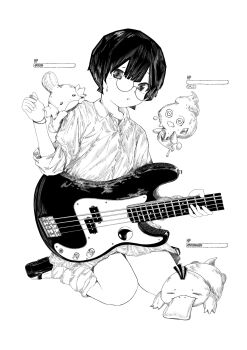 11e_(yuu) 1girl @_@ bass_guitar bracelet closed_eyes closed_mouth collared_shirt fang fender_precision_bass gen_1_pokemon gen_3_pokemon gen_5_pokemon greyscale health_bar highres holding holding_bass_guitar holding_instrument holding_plectrum instrument jewelry long_sleeves looking_at_viewer loose_socks monochrome mudkip nintendo on_shoulder original pleated_skirt plectrum pokemon pokemon_(creature) pokemon_on_shoulder psyduck round_eyewear sandals shirt short_hair sitting skirt sleeves_rolled_up socks solo sweatdrop vanillite wariza