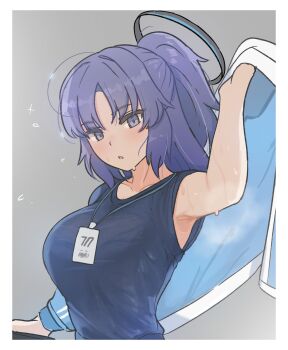 1girl black_shirt blue_archive border breasts commentary english_commentary grey_hair grey_halo halo highres lanyard large_breasts looking_at_viewer parted_lips purple_eyes purple_hair shirt solo sweat upper_body valenthania white_border yuuka_(blue_archive) yuuka_(track)_(blue_archive)
