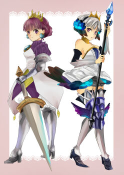 2girls armor armored_dress bare_shoulders blue_eyes brooch crossover crown detached_sleeves dress earrings eclair_(la_pucelle) full_body gauntlets gold_crown gorget gradriel greaves gwendolyn_(odin_sphere) hayame_(m_ayame) head_wings highres jewelry la_pucelle leg_wings look-alike low_wings multiple_girls odin_sphere polearm princess_crown puffy_sleeves purple_eyes purple_hair short_hair silver_hair spear strapless strapless_dress sword vambraces weapon wings