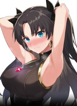 1girl absurdres armpits arms_behind_back black_hair blue_eyes blush breasts commentary_request earrings fate/stay_night fate_(series) highres honkai:_star_rail honkai_(series) jewelry large_breasts long_hair looking_at_viewer neinlol rin's_pendant_(fate) sleeveless sweat tohsaka_rin tohsaka_rin_(honkai:_star_rail) twintails