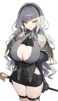 1girl absurdres ascot black_gloves black_hairband breasts cleavage commentary firenze_(stella_sora) gdd_(vkejr702) gloves green_eyes green_hair green_streaks grey_hair hairband highres holding holding_staff large_breasts long_hair long_sleeves looking_at_viewer multicolored_hair shirt skirt smile solo staff stella_sora streaked_hair thigh_strap untranslatable_commentary wavy_hair