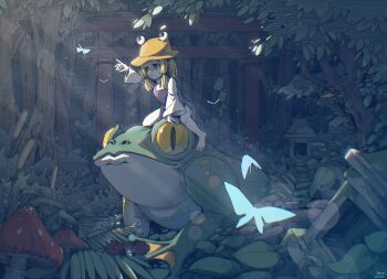 :o absurdres animal barefoot blonde_hair brown_hat chinese_commentary commentary frog grass hair_ribbon hat highres long_sleeves medium_hair moriya_suwako mushroom open_mouth overgrown oversized_animal purple_skirt purple_vest red_ribbon ribbon riding riding_animal scenery shirt skirt torii touhou tree tseum turtleneck turtleneck_shirt vest white_shirt