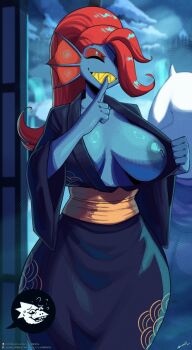 3girls alphys blue_kimono blue_skin breasts breasts_out closed_eyes colored_skin deltarune finger_to_mouth fins head_fins highres japanese_clothes kimono lyorenth multiple_girls red_hair sharp_teeth shushing teeth toriel undertale undyne utdr_(toby_fox)