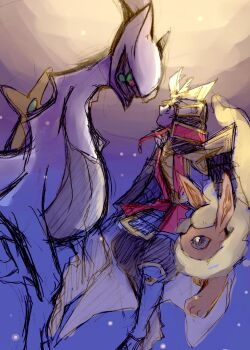 arceus armor cape flareon gen_1_pokemon gen_4_pokemon grey_eyes helmet hero_(pokemon_conquest) highres japanese_clothes legendary_pokemon looking_at_another mythical_pokemon nintendo pokemon pokemon_conquest satiko0222 sketch