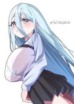1girl 4rion absurdres black_skirt blush bra_visible_through_clothes commentary_request fee_drese from_below grey_eyes hair_between_eyes highres long_hair looking_at_viewer looking_back muv-luv muv-luv_girls_garden shirt skirt solo twitter_username very_long_hair white_background white_hair white_mouth white_shirt