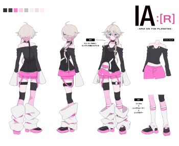 Rule 34 | 1girl, absurdres, ahoge, artist request, asymmetrical legwear, black choker, black shirt, black shoes, blonde hair, blue eyes, braid, breasts, character name, choker, color guide, commentary request, from side, full body, hair ornament, hairclip, highres, ia (vocaloid), ia (vocaloid6), long hair, long sleeves, medium breasts, multiple views, off-shoulder shirt, off shoulder, official art, pink hair, pink shorts, reference sheet, shirt, shoes, short shorts, shorts, side braid, simple background, sleeves past fingers, sleeves past wrists, socks, straight-on, thigh strap, translation request, uneven legwear, vocaloid, white background, white socks, wide sleeves